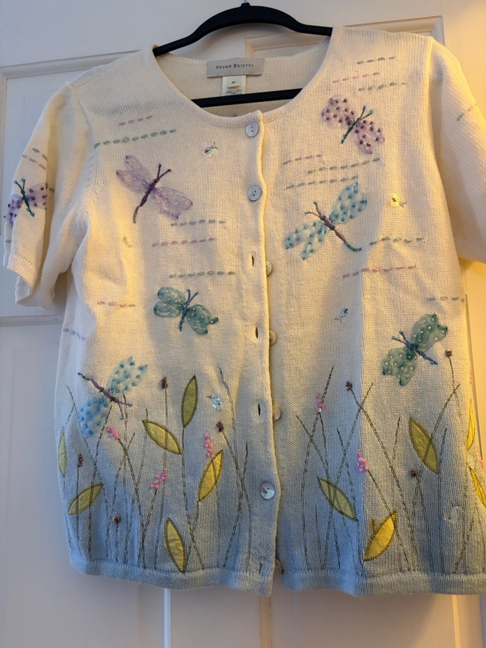 Susan Bristol Cream Cardigan with Pastel Dragonfly & Floral Applique